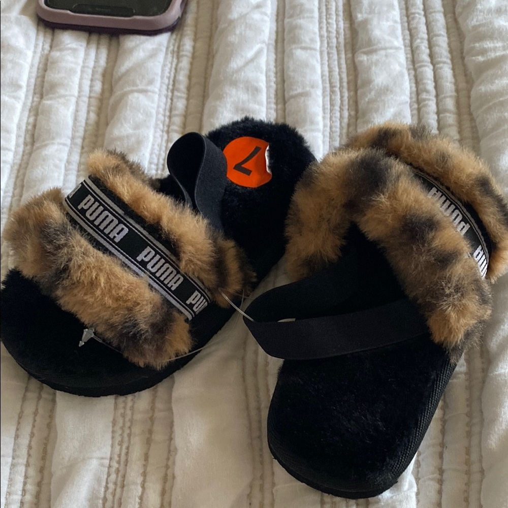 Puma Black and Brown Furry Slides